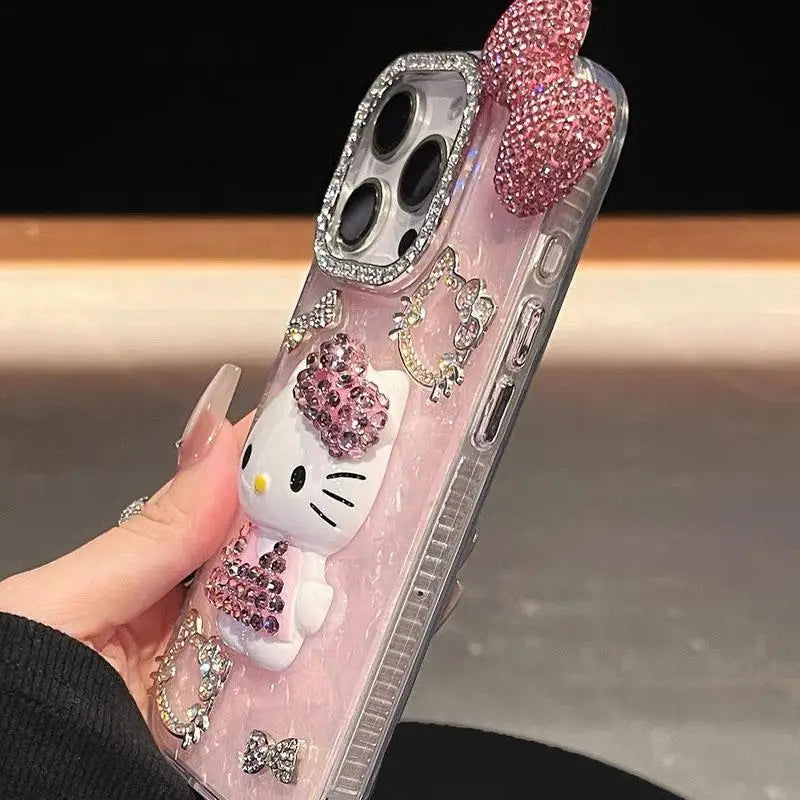 Sanrios Hello Kittys Mobile Phone Shell 3D Flash Diamond for Iphone 16 15 14 13 Pro Max Iphone Xs
