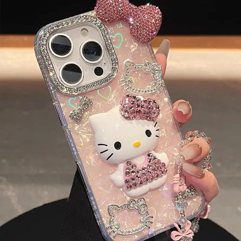 Sanrios Hello Kittys Mobile Phone Shell 3D Flash Diamond for Iphone 16 15 14 13 Pro Max Iphone Xs