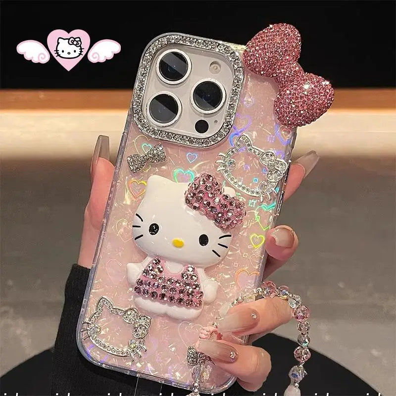 Sanrios Hello Kittys Mobile Phone Shell 3D Flash Diamond for Iphone 16 15 14 13 Pro Max Iphone Xs